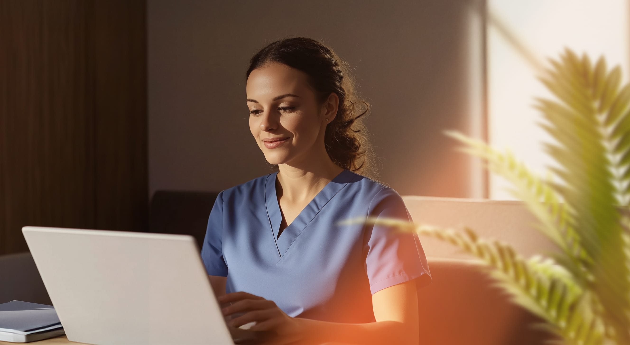 A smiling female medical professional looking at her laptop with text inlay of appointment scheduling, send medical intake forms, and triage initial patient concerns