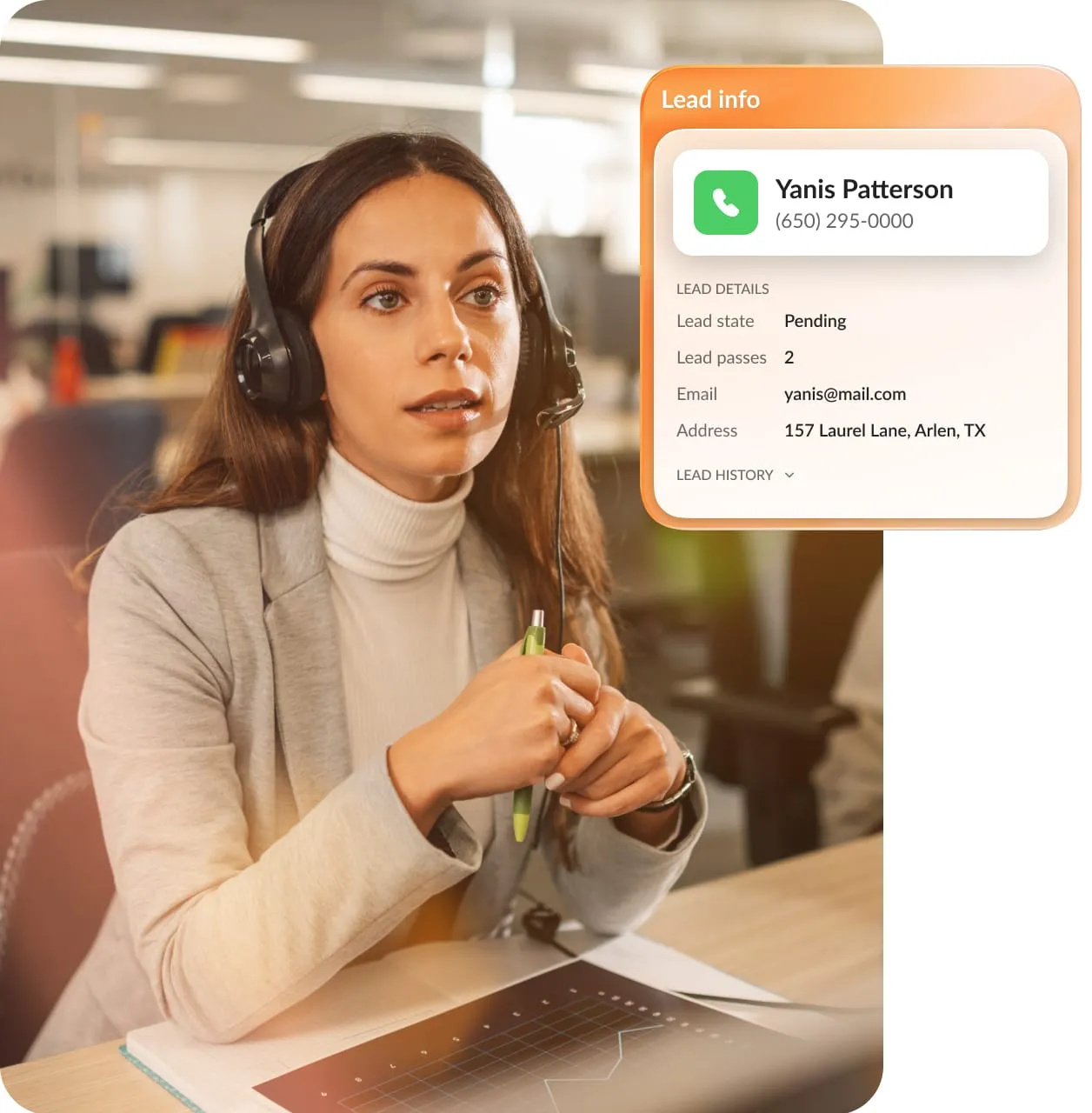 A female contact center agent wearing a headset looking at her screen featuring lead info in Yanis Patterson