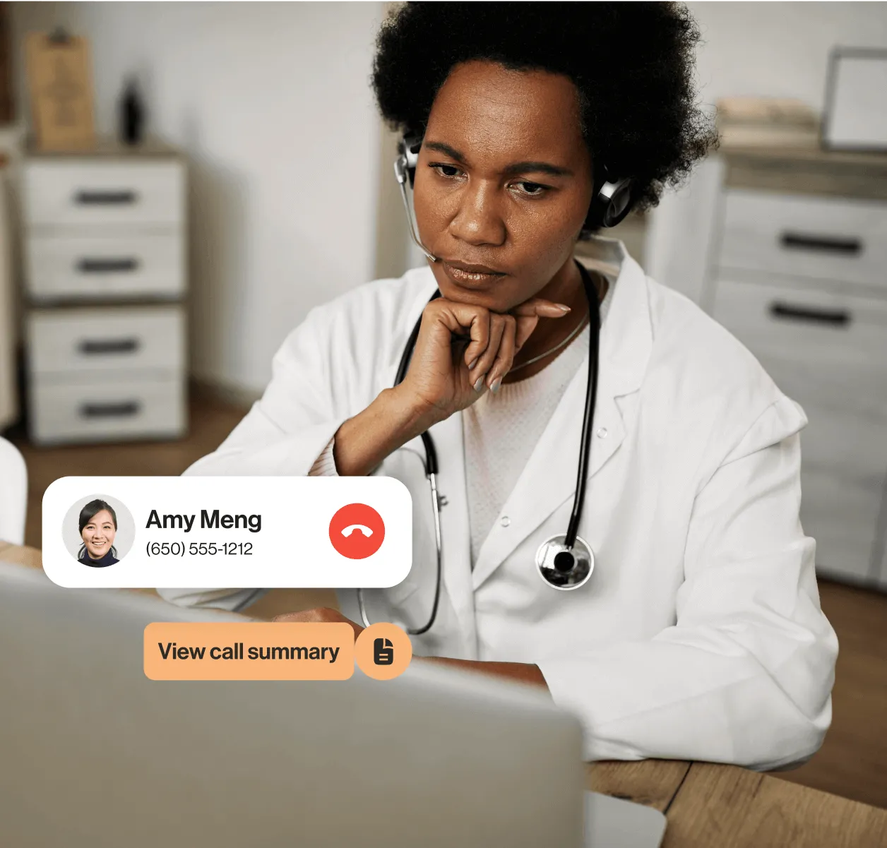 A female doctor using the Post-Call Highlights feature of RingSense for AI for call summary with a patient