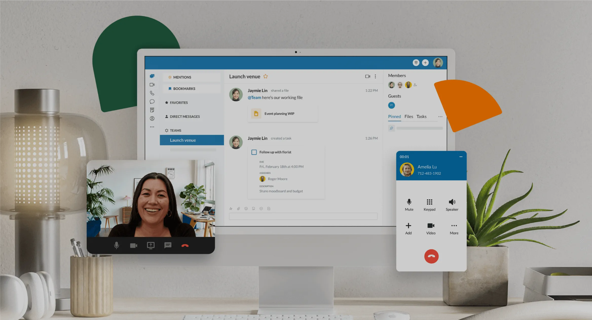 Play Video: A woman on a videoconference and insert of a dialpad in the RingCentral app