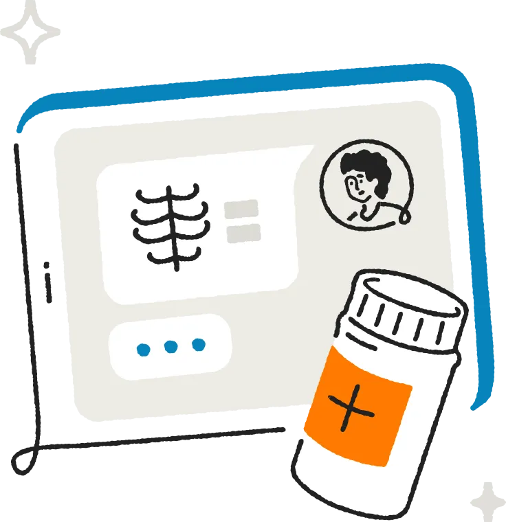 An illustration of a laptop screen and a bottle of pills