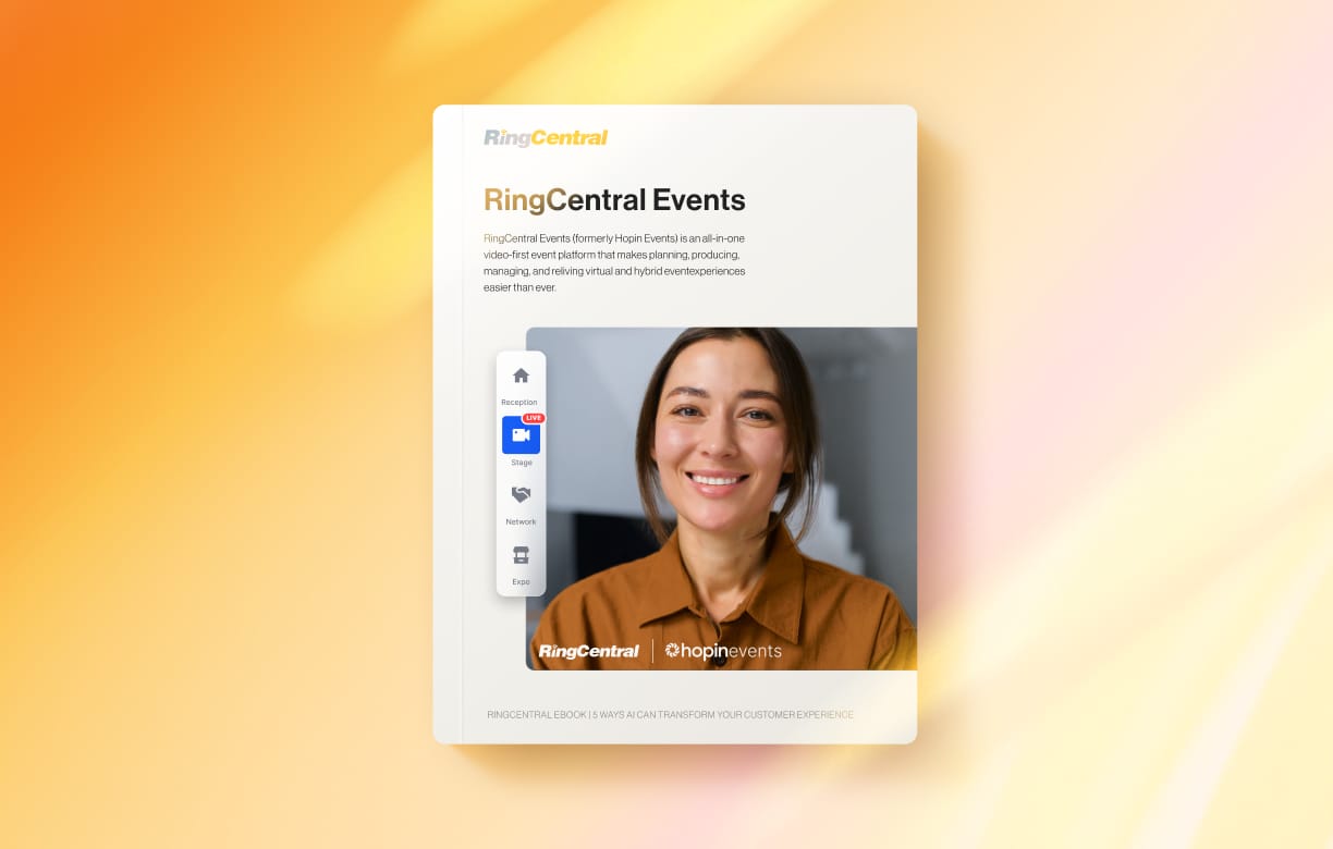 RingCentral datasheet cover: A woman presenting in an event via RingCentral Events