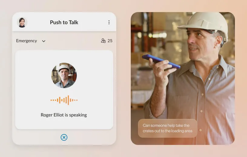 A male logistics worker holding a mobile phone using RingCentral's Push to Talk feature